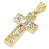 Dije Religioso 05.351.0058 Oro Laminado, Diseño de Cruz y Búho, con Granate and Blanca Cristal, Pulido, Tres Tonos