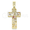 Dije Religioso 05.351.0058 Oro Laminado, Diseño de Cruz y Búho, con Granate and Blanca Cristal, Pulido, Tres Tonos
