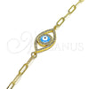 Pulsera Elegante 03.341.0029.08 Oro Laminado, Diseño de Ojo Griego y Paperclip, con Blanca Micro Pave, Esmaltado Azul, Tono Dorado (04 MM Thickness, 8 Inches Length)