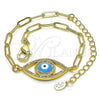 Pulsera Elegante 03.341.0029.08 Oro Laminado, Diseño de Ojo Griego y Paperclip, con Blanca Micro Pave, Esmaltado Azul, Tono Dorado (04 MM Thickness, 8 Inches Length)