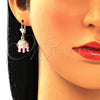 Arete Colgante 02.351.0058.5 Oro Laminado, Diseño de Elefante, con Blanca Cristal, Esmaltado Rosado, Tono Dorado