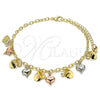 Tobillera de Dije 03.331.0041.09 Oro Laminado, Diseño de Corazón y Cascavel, con Blanca Cristal, Pulido, Tres Tonos (03 MM Thickness, 9 Inches Length)