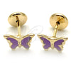 Arete Dormilona 02.09.0198.1 Oro Laminado, Diseño de Mariposa, Esmaltado Violeta, Tono Dorado