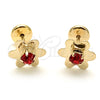 Arete Dormilona 02.09.0205 Oro Laminado, Diseño de Flor, con Granate Zirconia Cubica, Pulido, Tono Dorado