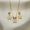 Juego de Arete y Dije de Adulto 10.09.0047 Oro Laminado, Diseño de Mariposa y Box, con Astral Pink Opal, Pulido, Tono Dorado