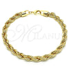 Tobillera Básica 04.213.0207.10 Oro Laminado, Diseño de Rope, Pulido, Tono Dorado (07 MM Thickness, 10 Inches Length)