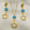 Juego de Arete y Dije de Adulto 10.58.0025.1 Oro Laminado, Diseño de Flor y Box, con Aguamarina Opal, Resinado, Tono Dorado