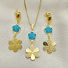 Juego de Arete y Dije de Adulto 10.58.0026.1 Oro Laminado, Diseño de Flor y Box, con Aguamarina Opal, Resinado, Tono Dorado