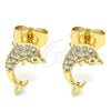 Arete Dormilona 02.344.0064 Oro Laminado, Diseño de Delfín, con Blanca Micro Pave, Pulido, Tono Dorado