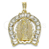 Dije Religioso 05.351.0148 Oro Laminado, Diseño de Guadalupe y Baguette, con Blanca Cristal, Pulido, Tono Dorado