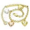 Pulsera de Dije 03.351.0102.07 Oro Laminado, Diseño de Corazón, Diamantado, Tres Tonos (04 MM Thickness, 7 Inches Length)