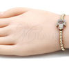 Pulsera Bolo Ajustable 03.299.0066.1.11 Oro Laminado, Diseño de Mano de Dios y Bola, con Micro Pave Rubi y Blanca, Pulido, Tono Dorado (Grosor 04 MM, 11 Pulgadas de Largo)