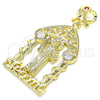 Dije Religioso 05.253.0102 Oro Laminado, Diseño de San Benito y Corazón, con Blanca and Granate Zirconia Cubica, Pulido, Tono Dorado