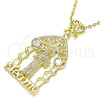 Dije Religioso 05.253.0102 Oro Laminado, Diseño de San Benito y Corazón, con Blanca and Granate Zirconia Cubica, Pulido, Tono Dorado