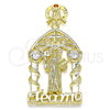 Dije Religioso 05.253.0102 Oro Laminado, Diseño de San Benito y Corazón, con Blanca and Granate Zirconia Cubica, Pulido, Tono Dorado