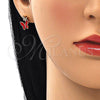 Arete Dormilona 02.213.0178.1 Oro Laminado, Diseño de Mariposa, con Blanca Micro Pave, Esmaltado Rojo, Tono Dorado