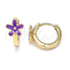 Argolla Huggie 02.213.0180.1.12 Oro Laminado, Diseño de Flor, Esmaltado Violeta, Tono Dorado