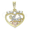Dije Religioso 05.380.0091 Oro Laminado, Diseño de Angel y Corazón, con Blanca Cristal, Pulido, Tres Tonos