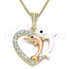 Collares con Dije 04.380.0029.20 Oro Laminado, Diseño de Corazón y Delfín, con Blanca and Negro Cristal, Pulido, Tres Tonos (02 MM Thickness, 20 Inches Length)