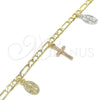 Pulsera de Dije 03.351.0113.07 Oro Laminado, Diseño de Guadalupe y Crucifijo, Pulido, Tres Tonos (04 MM Thickness, 7 Inches Length)