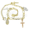 Pulsera de Dije 03.351.0113.07 Oro Laminado, Diseño de Guadalupe y Crucifijo, Pulido, Tres Tonos (04 MM Thickness, 7 Inches Length)