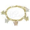 Pulsera de Dije 03.351.0121.08 Oro Laminado, Diseño de Mariposa, Pulido, Tres Tonos (05 MM Thickness, 8 Inches Length)
