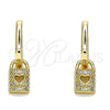 Argolla Huggie 02.381.0030.10 Oro Laminado, Diseño de Candado y Corazón, con Blanca Micro Pave, Pulido, Tono Dorado
