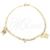 Tobillera de Dije 03.58.0016.10 Oro Laminado, Diseño de Elefante y Cubana, con Blanca Zirconia Cubica, Pulido, Tono Dorado (04 MM Thickness, 10 Inches Length)