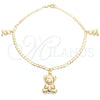 Tobillera de Dije 03.58.0022.10 Oro Laminado, Diseño de Osito y Cubana, Pulido, Tono Dorado (04 MM Thickness, 10 Inches Length)
