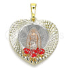 Dije Religioso 05.380.0107 Oro Laminado, Diseño de Guadalupe y Flor, Esmaltado Rojo, Tres Tonos