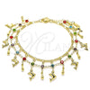 Tobillera de Dije 03.383.0005.10 Oro Laminado, Diseño de Delfín y Gota, con Multicolor Cristal, Pulido, Tono Dorado (02 MM Thickness, 10 Inches Length)