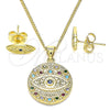 Juego de Arete y Dije de Adulto 10.156.0352 Oro Laminado, Diseño de Ojo Griego, con Multicolor Micro Pave, Pulido, Tono Dorado