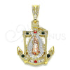Dije Religioso 05.351.0056.2 Oro Laminado, Diseño de Guadalupe y Ancla, con Multicolor Cristal, Pulido, Tres Tonos