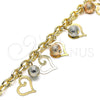 Pulsera de Dije 03.331.0188.08 Oro Laminado, Diseño de Bola y Corazón, Mate, Tres Tonos (06 MM Thickness, 8 Inches Length)
