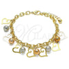 Pulsera de Dije 03.331.0188.08 Oro Laminado, Diseño de Bola y Corazón, Mate, Tres Tonos (06 MM Thickness, 8 Inches Length)