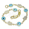 Pulsera Elegante 03.326.0007.3.06 Oro Laminado, Diseño de Ojo Griego y Mano de Dios, Resinado Turquesa, Tono Dorado (07 MM Thickness, 6 Inches Length)