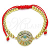 Pulsera Bolo Ajustable 03.381.0024.10 Oro Laminado, Diseño de Ojo Griego y Bola, con Multicolor Micro Pave, Esmaltado Turquesa, Tono Dorado (04 MM Thickness, 10 Inches Length)