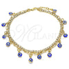 Tobillera de Dije 03.372.0012.10 Oro Laminado, Diseño de Ojo Griego y Paperclip, con Blanca Cristal, Resinado Azul, Tono Dorado (03 MM Thickness, 10 Inches Length)
