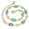 Tobillera Elegante 03.213.0033.5.10 Oro Laminado, Diseño de Ojo Griego, Esmaltado Verde, Tono Dorado (06 MM Thickness, 10 Inches Length)