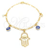 Pulsera de Dije 03.58.0047.07 Oro Laminado, Diseño de Mano de Dios y Ojo Griego, Pulido, Tono Dorado (04 MM Thickness, 7 Inches Length)