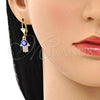 Arete Colgante 02.380.0084 Oro Laminado, Diseño de Mano de Dios, con Blanca Cristal, Esmaltado Azul, Tono Dorado