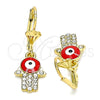 Arete Colgante 02.380.0084.1 Oro Laminado, Diseño de Mano de Dios, con Blanca Cristal, Esmaltado Rojo, Tono Dorado