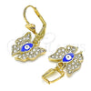 Arete Colgante 02.380.0086 Oro Laminado, Diseño de Ojo Griego y Mariposa, con Blanca Cristal, Esmaltado Azul, Tono Dorado