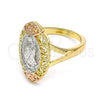 Anillo Elegante 01.380.0012.09 Oro Laminado, Diseño de Guadalupe y Flor, Pulido, Tres Tonos (Size 9)