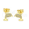 Arete Dormilona 02.156.0586 Oro Laminado, Diseño de Delfín, con Blanca Micro Pave, Pulido, Tono Dorado