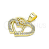 Dije Elegante 05.102.0019 Oro Laminado, Diseño de Mama y Corazón, con Blanca Micro Pave, Pulido, Tono Dorado