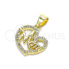 Dije Elegante 05.102.0020 Oro Laminado, Diseño de Mama y Corazón, con Blanca Micro Pave, Pulido, Tono Dorado