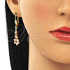 Arete Largo 02.213.0318 Oro Laminado, Diseño de Gota y Flor, con Blanca Zirconia Cubica, Pulido, Tono Dorado