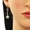 Arete Largo 02.213.0320 Oro Laminado, Diseño de Flor, con Blanca Zirconia Cubica, Pulido, Tono Dorado