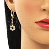 Arete Largo 02.213.0329 Oro Laminado, Diseño de Flor, con Blanca Zirconia Cubica, Pulido, Tono Dorado